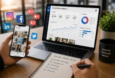 Content and social media manager planning campaigns on a laptop