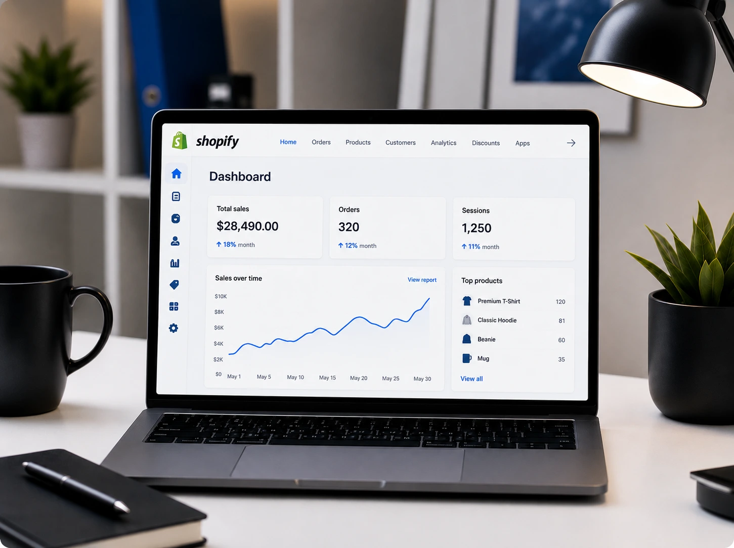 Ecommerce team reviewing a Shopify storefront layout alongside growth and conversion metrics