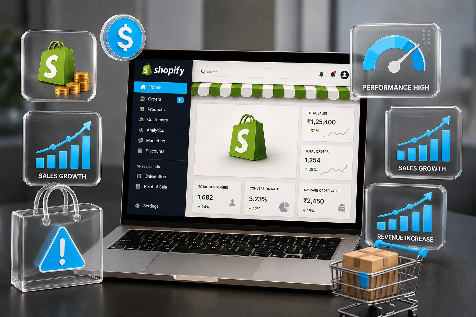 Shopify storefront on a laptop surrounded by theme, checkout, A/B test and performance tiles